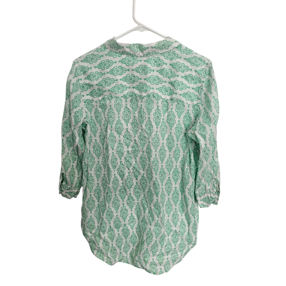 Chico's 100% Linen Large (Size 1 /M 8-10) No Iron Green & White Button Up Shirt - Picture 3 of 7